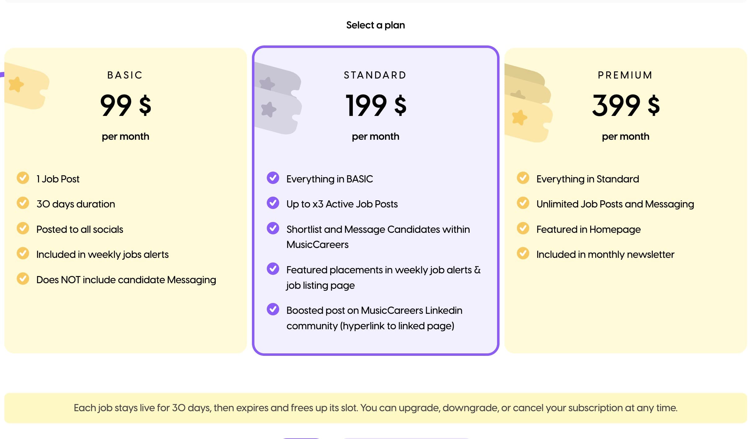 Company-based pricing plans interface